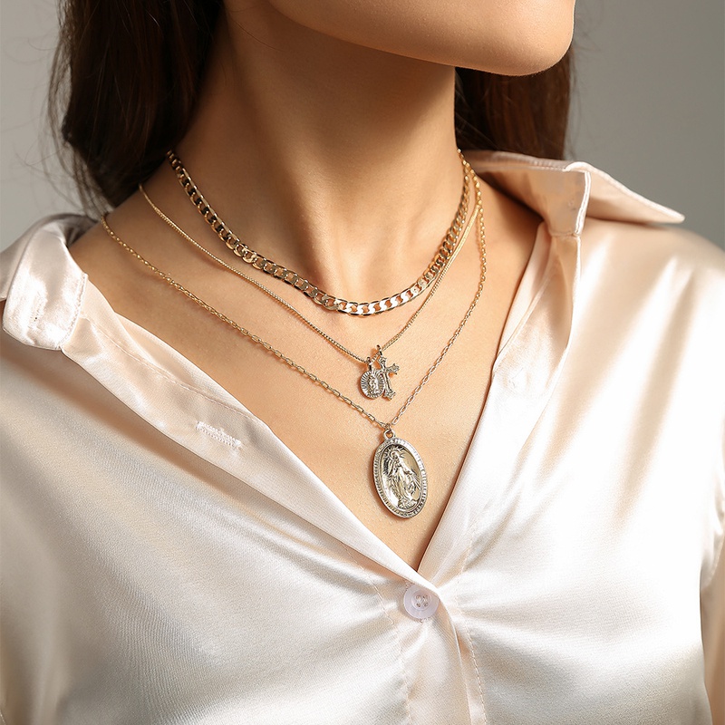 European and American Fashion Exaggerated Necklace Street Detachable MultiLayer Twin Sun Goddess Portrait Cross Necklace
