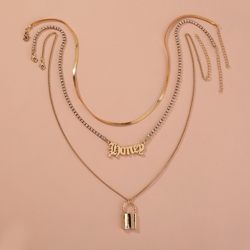 Ornament Personality Gothic Letter MultiLayer Necklace Europe and America Cross Border Shape Fashion Metal Lock Diamond Claw Chain