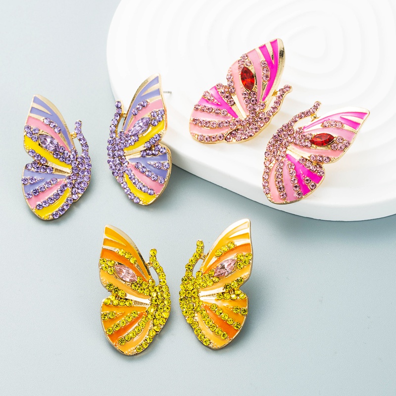 Korean new earrings alloy drop oil diamond rhinestone butterfly earrings female wholesale