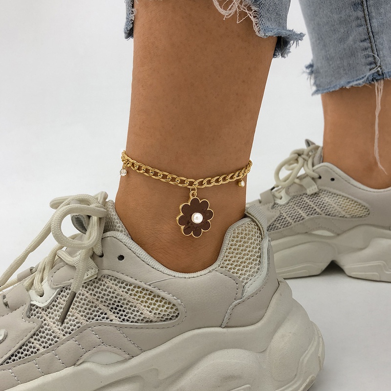 A0092 CrossBorder Simple Fashion Flower Foot Ornaments MicroInlaid Dripping Oil Trendy Cool Anklet Geometric Cold Style Elegant Accessories