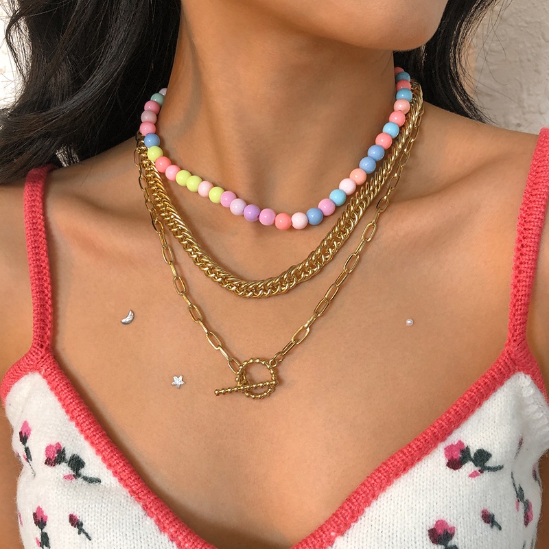 N9317 European and American Style MultiLayer Twin Necklace OT Buckle Chain Color Beads Necklace Exaggerated Geometry Metal Necklace