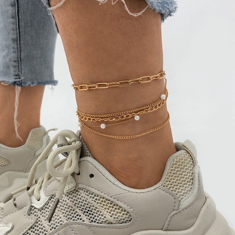 fashion geometric multilayer anklet metal texture niche imitation pearl hollow personality accessories
