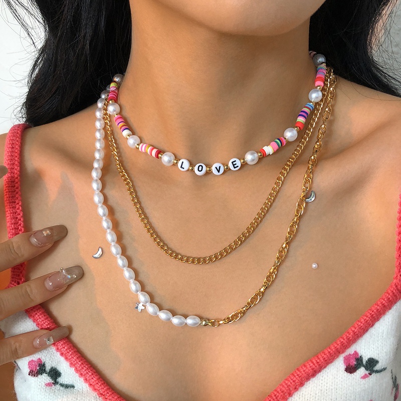 European and American crossborder bohemian fashion soft ceramic imitation pearl stacking multilayer necklace