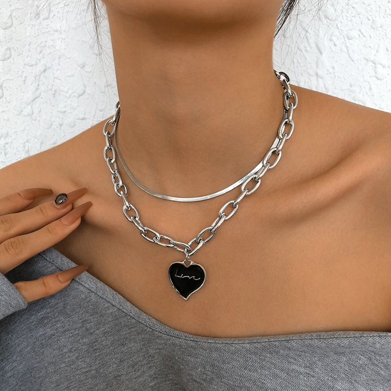 N9312 Unique Punk Style DoubleLayer Necklace European and American Thick Chain Love Pendant Necklace Geometric Exaggerated Necklace Women