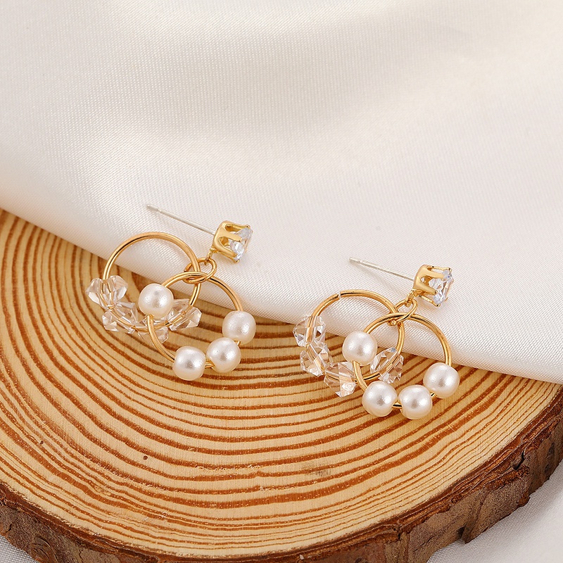 Korea geometric pearl earrings zircon double circle earrings