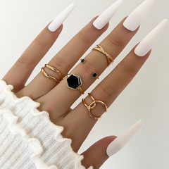 Cross-border foreign trade retro black six-sided geometric dripping hollow ring five-piece set