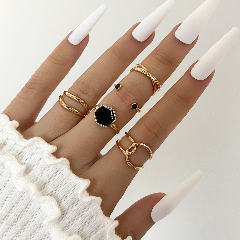 Crossborder foreign trade retro black sixsided geometric dripping hollow ring fivepiece set
