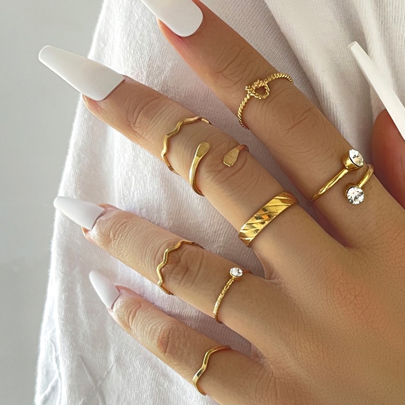 European and American SpecialInterest Design Fashion Simple Double Diamond Wave Double Flat Head Ring Retro Knuckle Ring EightPiece Set