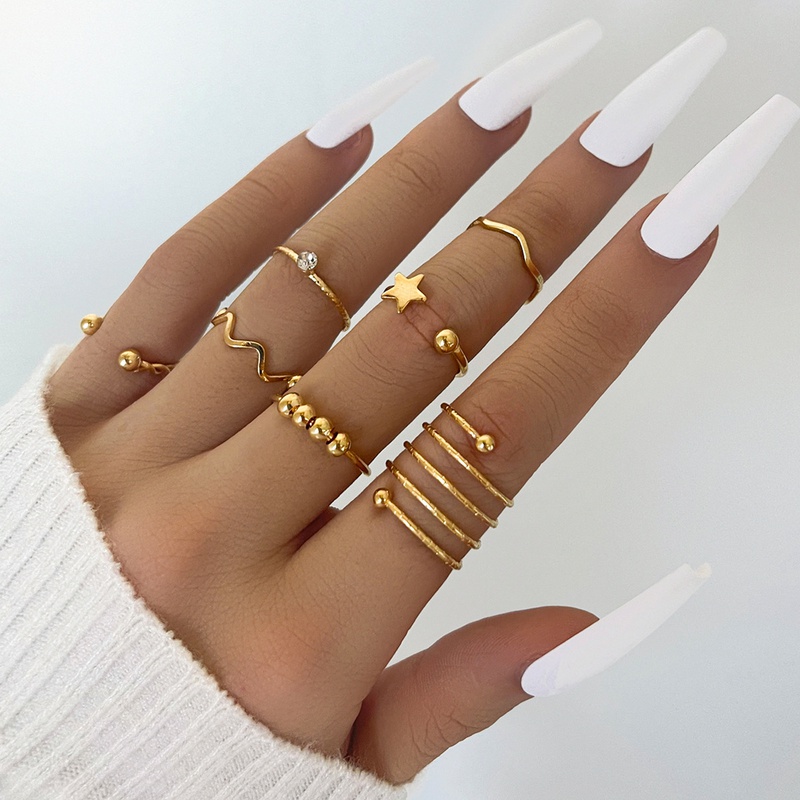 fashion simple wave spring fivepointed star beaded joint ring combination sevenpiece set