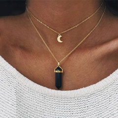 Best Seller in Europe and America Fashion Double Moon Hexagon Prism Crystal Pendant Necklace Women's Sweater Chain Ins Metallic
