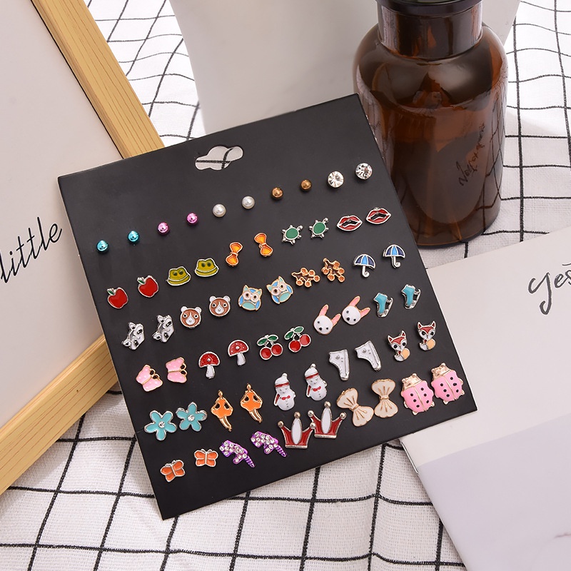 cute children 30 pairs of earrings set new fashion pearl crown butterfly earrings wholesale