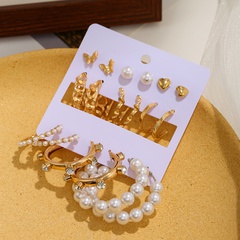 Korean fashion butterfly love 9 pairs of earrings set pearl rhinestone golden geometric earrings wholesale