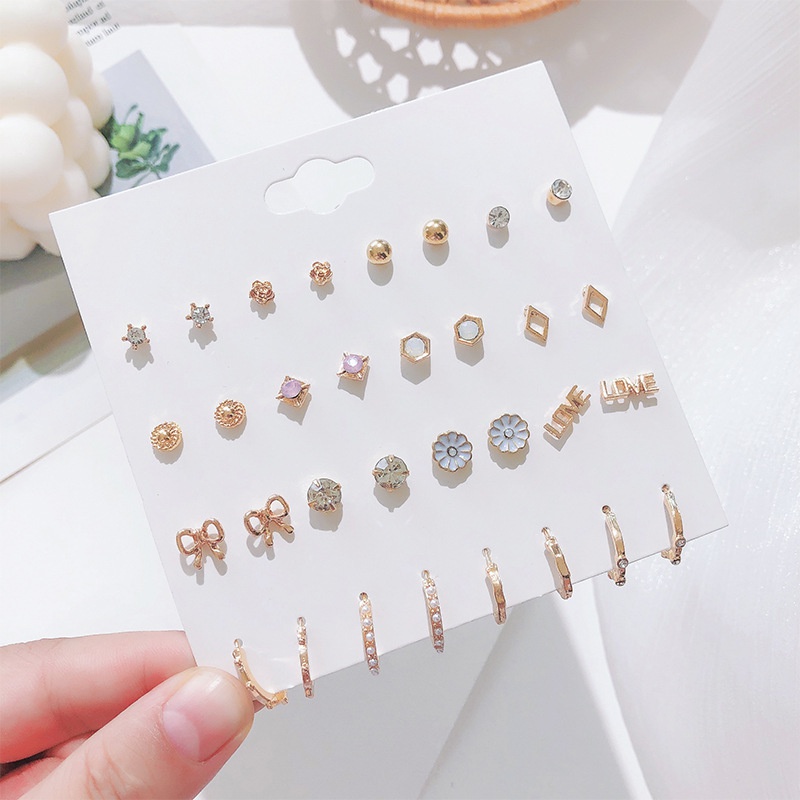 Korean fashion pearl rhinestone earrings small daisy LOVE star geometric earrings set wholesale