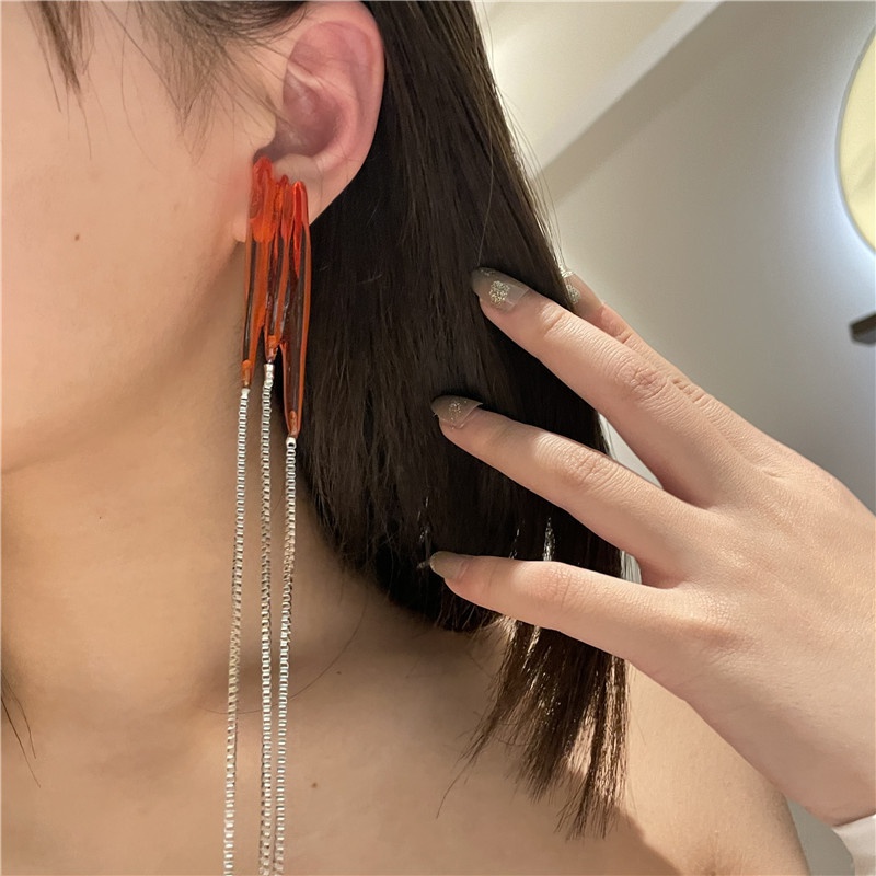 French Style Niche Design Red Acrylic Tassel Chain Earrings Ins Exaggerated Personalized AllMatch Ear Studs Eardrops