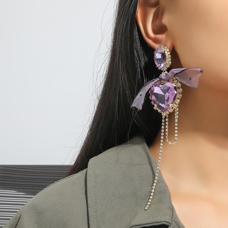 Korean fashion romantic exaggerated earrings retro purple peach heart ribbon bow tassel earrings