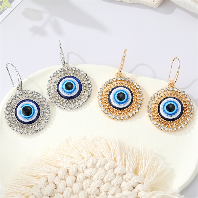 European crossborder jewelry retro hollow rhinestone round demon eye blue earrings