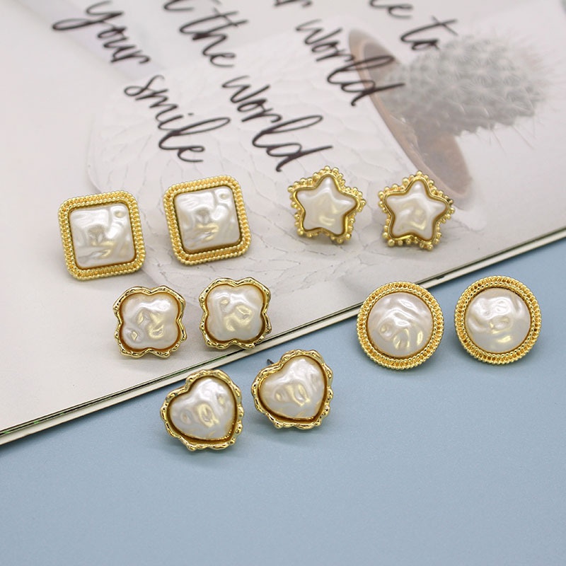 Korean New Simple Square FivePointed Star HeartShaped Pearl Stud Earrings Geometric and Gold Hemming Earrings CrossBorder Sold Jewelry