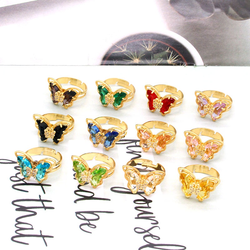 fashion transparent crystal glass butterfly rhinestone opening ring crossborder jewelry