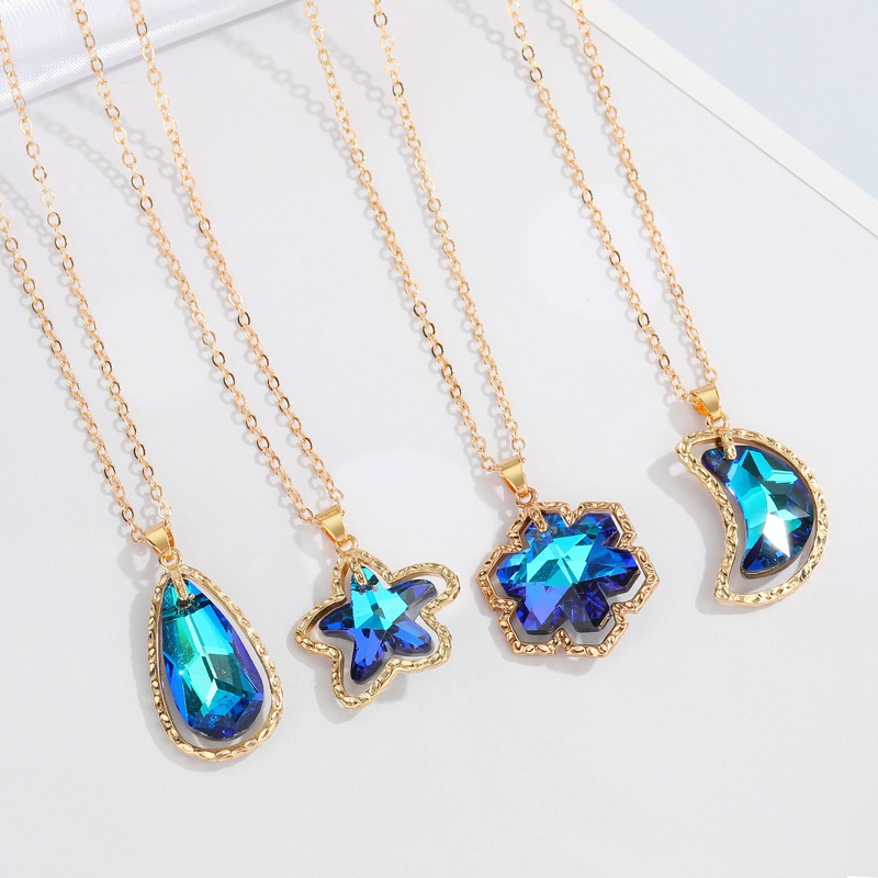 European CrossBorder Sold Jewelry Blue Crystal Glass Necklace Simple Star and Moon Pendant Clavicle Chain Female Necklace