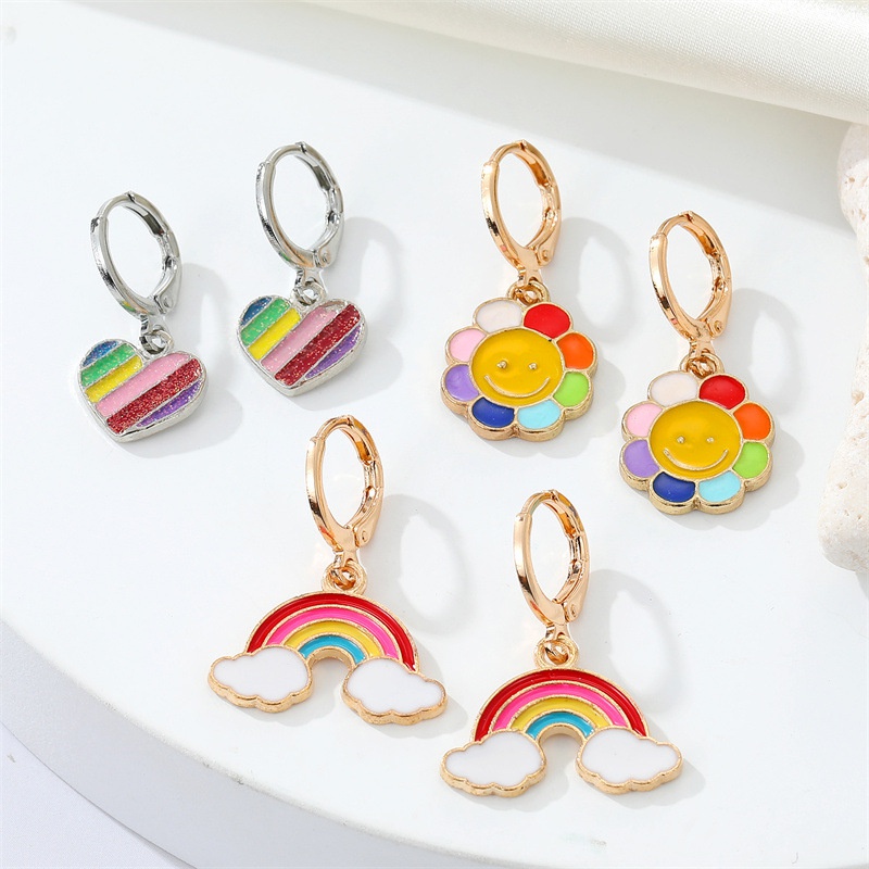 CrossBorder Sold Jewelry Korean Sweet Colorful Drop Oil Rainbow Earrings Cute Candy Color Love Heart SUNFLOWER Ear Ring