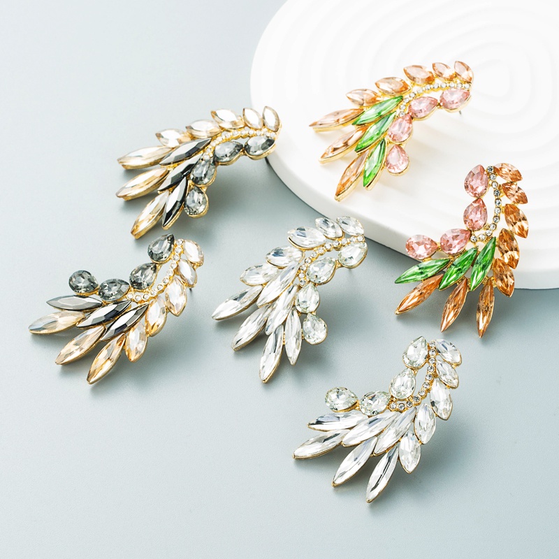 Fashion Color Diamond Series Creative Alloy Diamond Rhinestone Leaf Earrings