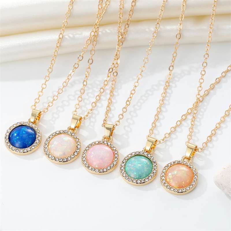 Vintage Bohemian Full Diamond round Water Drop Resin Necklace Simple Opal Pendant Necklace CrossBorder Sold Jewelry