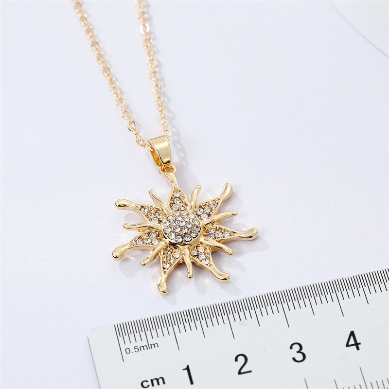 Retro simple full diamond sun flower pendant necklace
