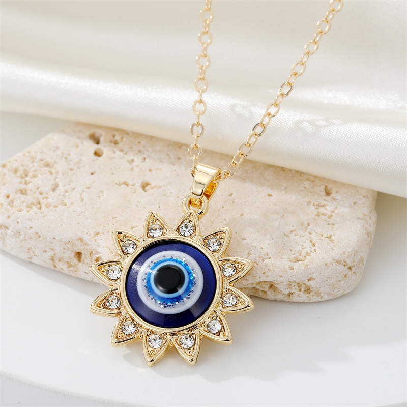 European CrossBorder Sold Jewelry Vintage Full Diamond SUNFLOWER Devils Eye Pendant Necklace Turkish Eye Metal Necklace