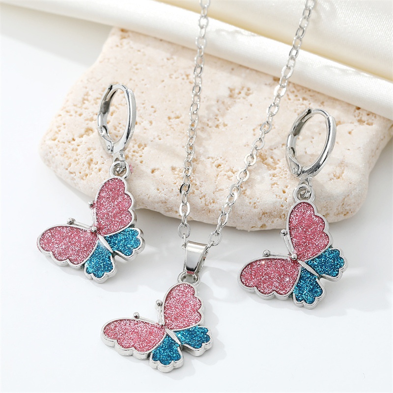 crossborder trend color glitter butterfly necklace set cute animal ear ring
