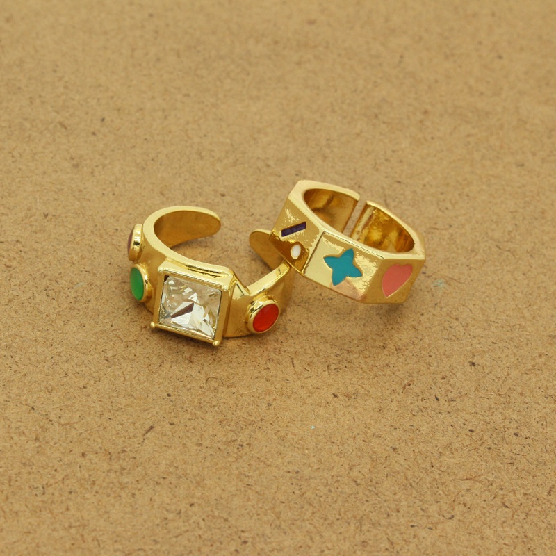 Korean Ins Simple Personality Colorful Cartoon Heart Geometric Pattern Square Ring Ethnic Style Zircon Ring Women