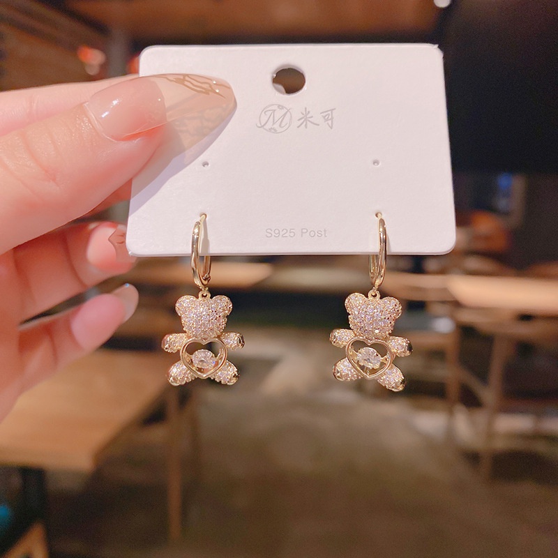 Real Gold Plating Copper Micro Inlaid Zircon Exquisite Smart Bear Earring Ear Clip South Korea Internet Hot Korean Style Cute Earrings