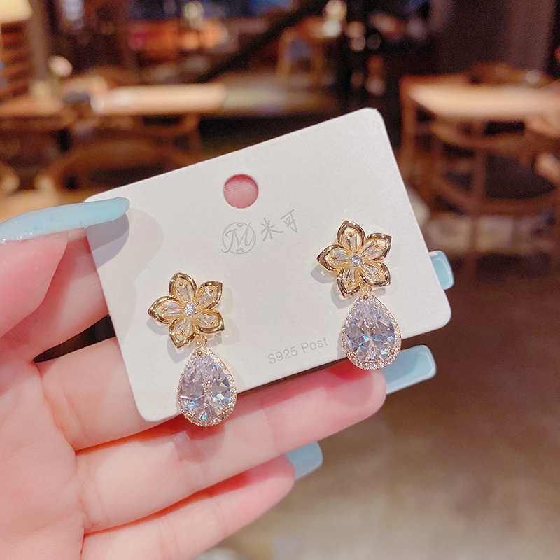 microinlaid zircon flower pendant earrings Korean of water drop earrings jewelry