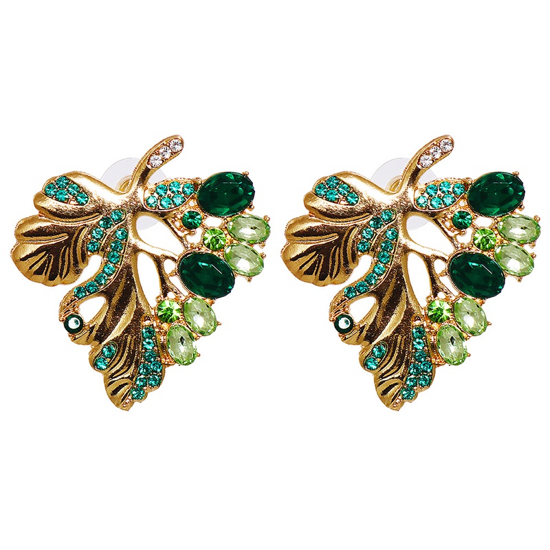 European and American new style spring green leaf alloy diamond earrings personality exaggerated earrings