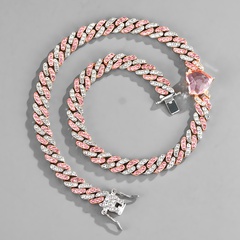 European and American fashion two-color heart hip-hop Cuban chain alloy color rhinestone necklace