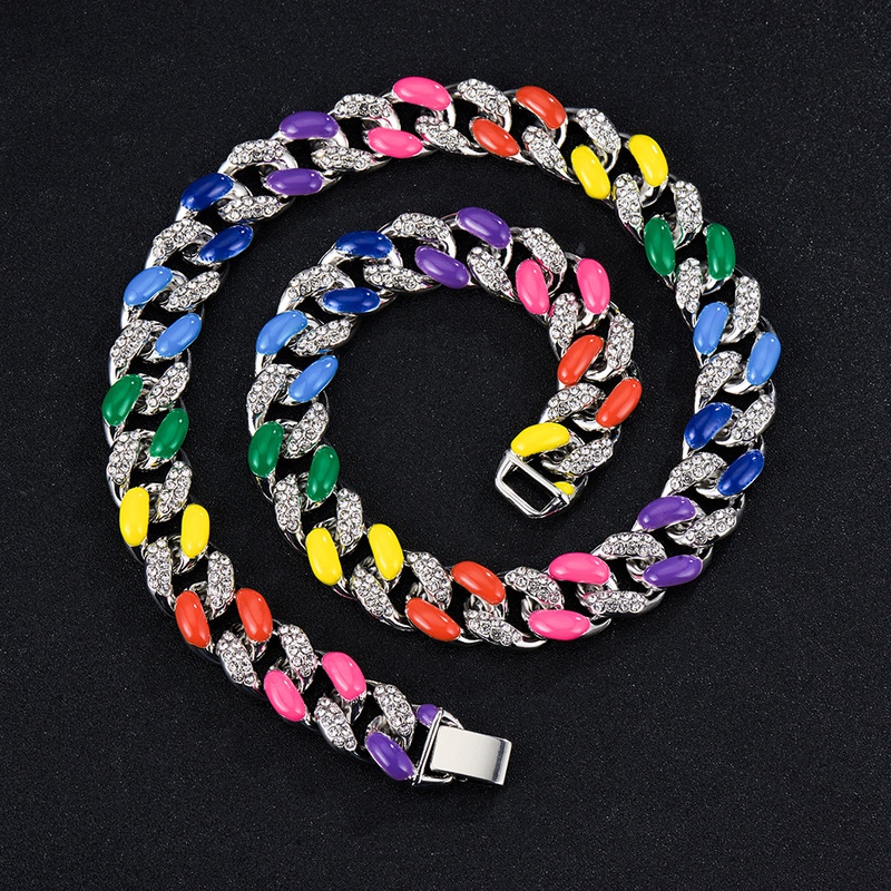 Xuan Di 16mm Thick Colorful Rainbow Necklace European and American Cuban Link Chain Hip Hop Rap Hiphop CrossBorder Accessories