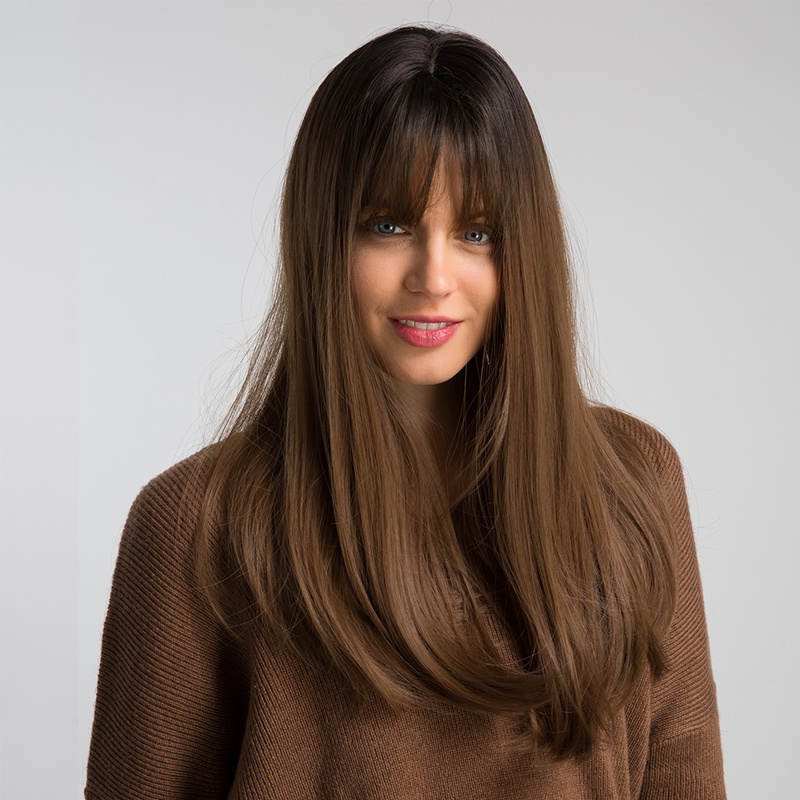 Brown Long Straight Hair with Bangs Womens Daily Wig