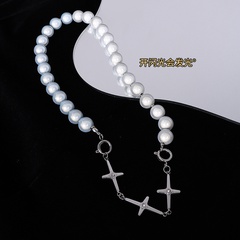retro pearl cross necklace jewelry titanium steel 18K gold clavicle chain