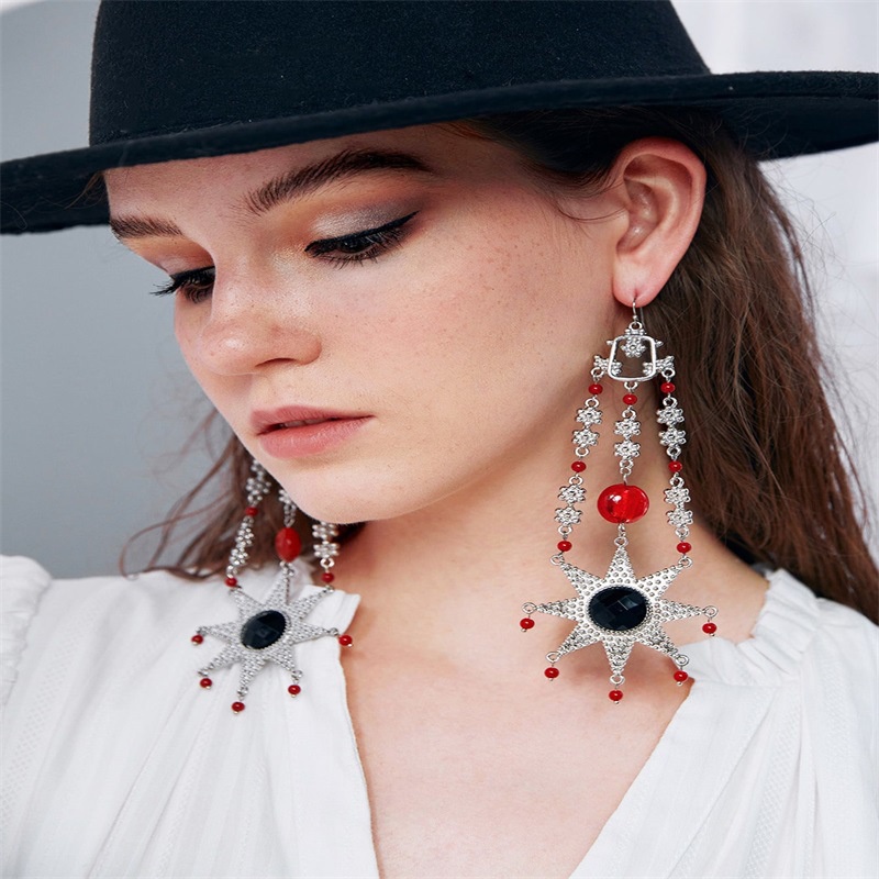 new retro bohemian style fivepointed star long earrings exaggerated inlaid rice bead earrings