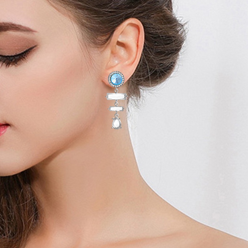 new retro exaggerated blue crystal diamond long earrings fashion design cold style earrings