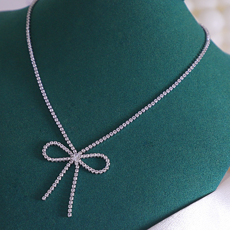 retro fashion bow necklace inlaid rhinestone tassel clavicle chain necklace