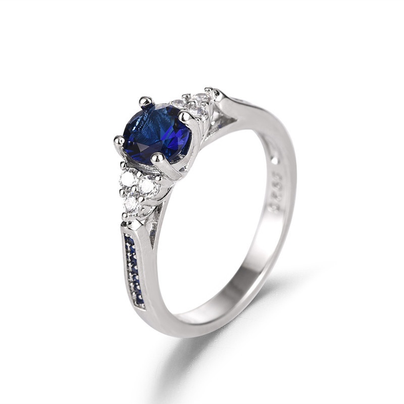 diamond aquamarine ring European and American four prong zircon blue crystal ring