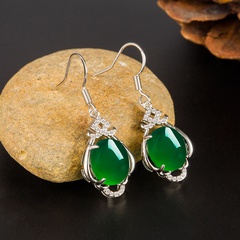 Retro ethnic green chalcedony earrings female micro-inlaid zircon long green agate copper earrings