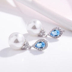 Korean new blue crystal pearl earrings female amethyst copper inlaid zircon earrings