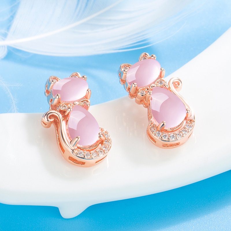 Korean pink crystal cat earrings female diamond cute cat copper wholesale