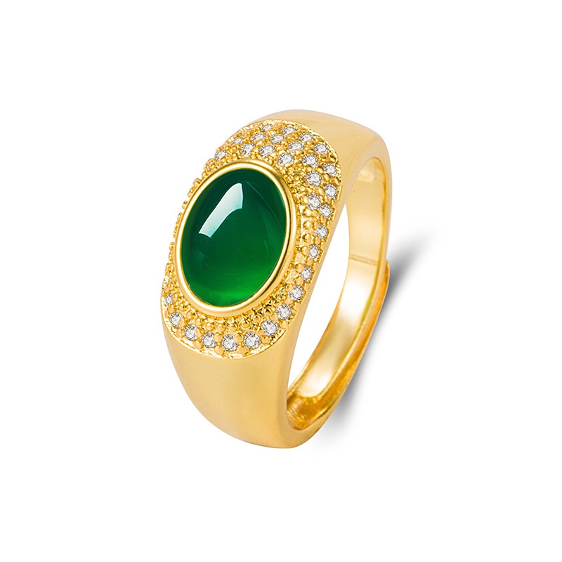 Retro ethnic green agate oval green chalcedony ancient gold ring jewelry