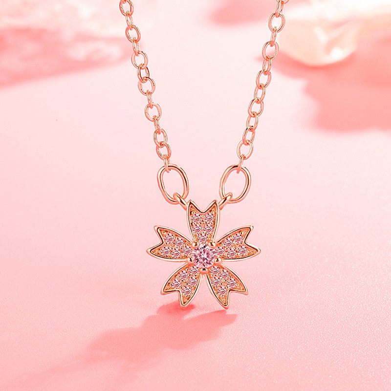 Korean version of petal cherry blossom necklace pink zircon necklace clavicle chain jewelry