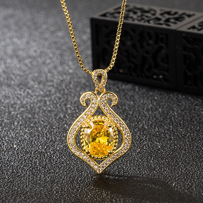 Korean version necklace full diamond citrine heartshaped pendant clavicle chain