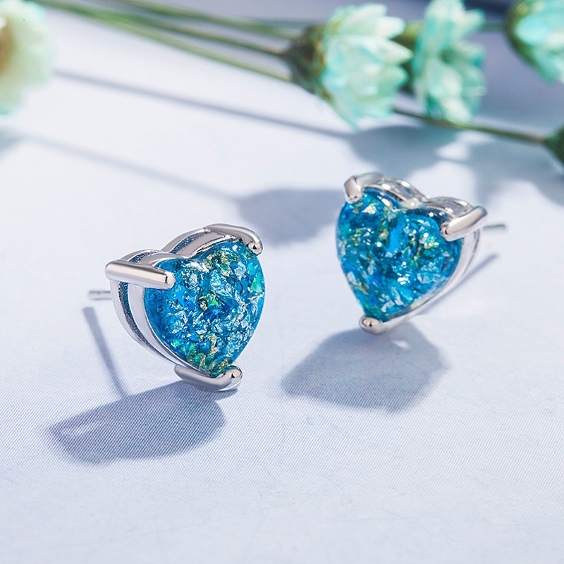 Heartshaped Opal Earrings European and American Colorful Stone Zircon Earrings