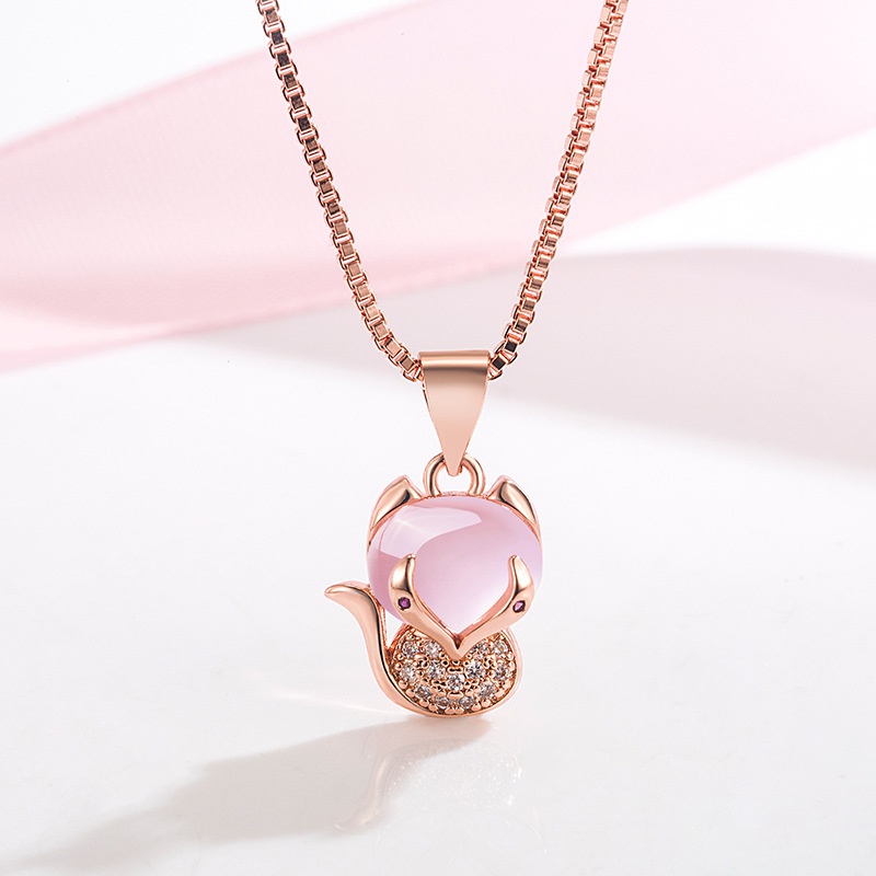 Korean version of micro diamond fox pendant cute hibiscus stone fox necklace simple clavicle chain necklace