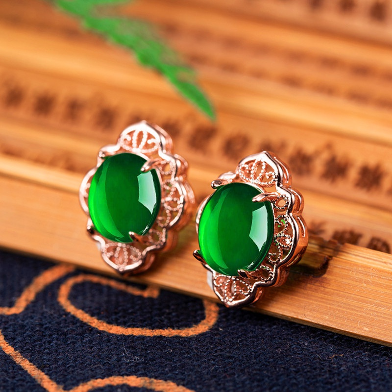 Retro ethnic style hollow green chalcedony earrings retro green agate earrings jewelry